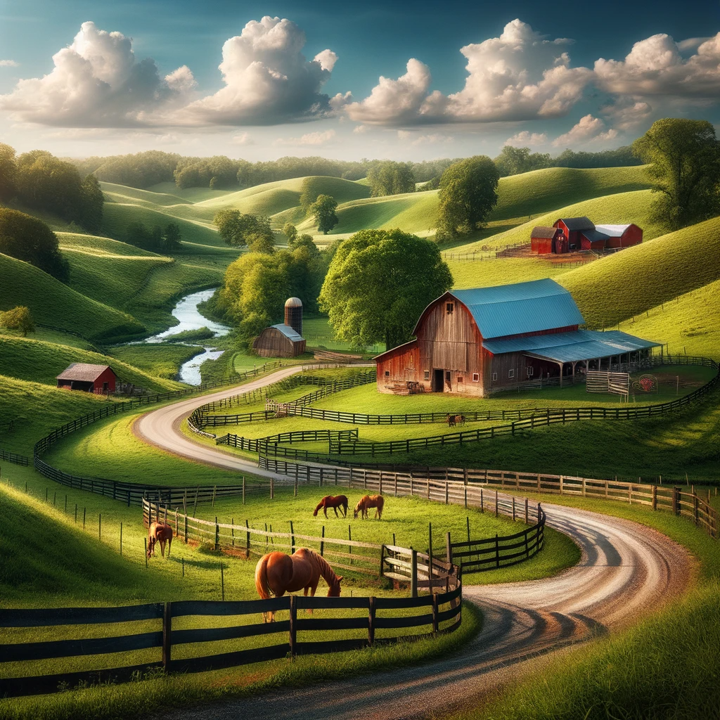 Rural-Kentucky-landscape-showcasing-rolling-hills-lush-green-fields-traditional-wooden-fences-a-classic-red-barn-a-winding-country-road-blue-ski